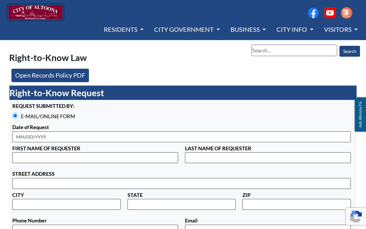 Blair County arrest record request using Altoona Right-to-Know form