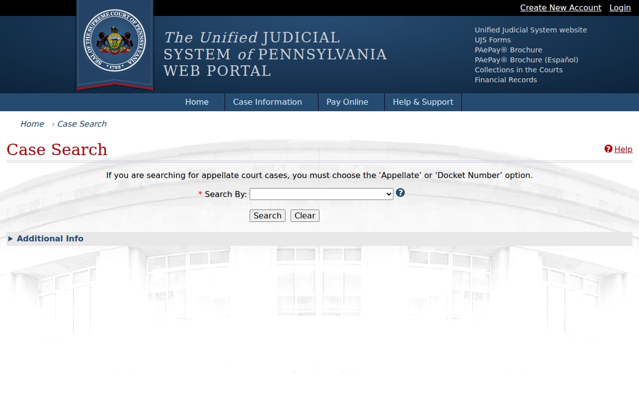 Pennsylvania UJS Case Search interface for Blair County criminal court cases