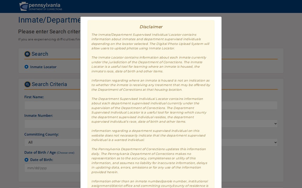 Pennsylvania DOC inmate and supervised individual locator search