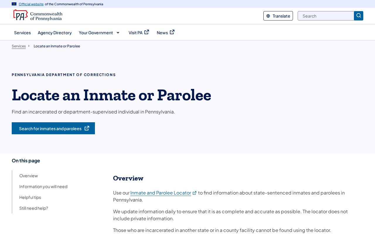 Pennsylvania guidance for locating Blair County state inmates and parolees
