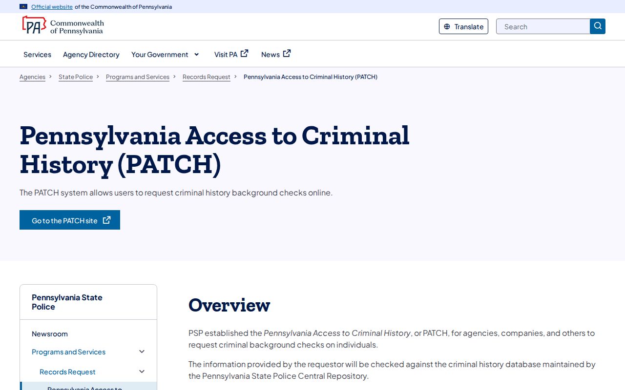 Pennsylvania State Police PATCH guidance for Blair County record checks